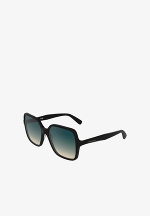 Schwarze übergroße Sonnenbrille mit achteckiger Form, verlaufend blauen Gläsern, die zu klar verblassen, und schlanken schwarzen Bügeln mit Logoakzenten.