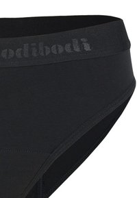 Schwarzer Bikinihosen-Slip mit hoher Taille aus glattem Stoff, mit einem breiten elastischen Bund und einem Ton-in-Ton-Logo. Geschwungene Beinöffnungen.