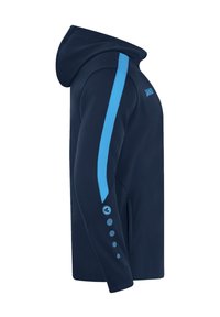 Marineblauer Hoodie mit einem blauen Akzentstreifen entlang der Schulter, ausgestattet mit einem strukturierten Einsatz, Seitentaschen und Knopfdetail am Ärmel.