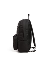 Sac à dos noir au design minimaliste, fabriqué en tissu durable, doté d'une poche latérale et de bretelles réglables pour plus de confort.