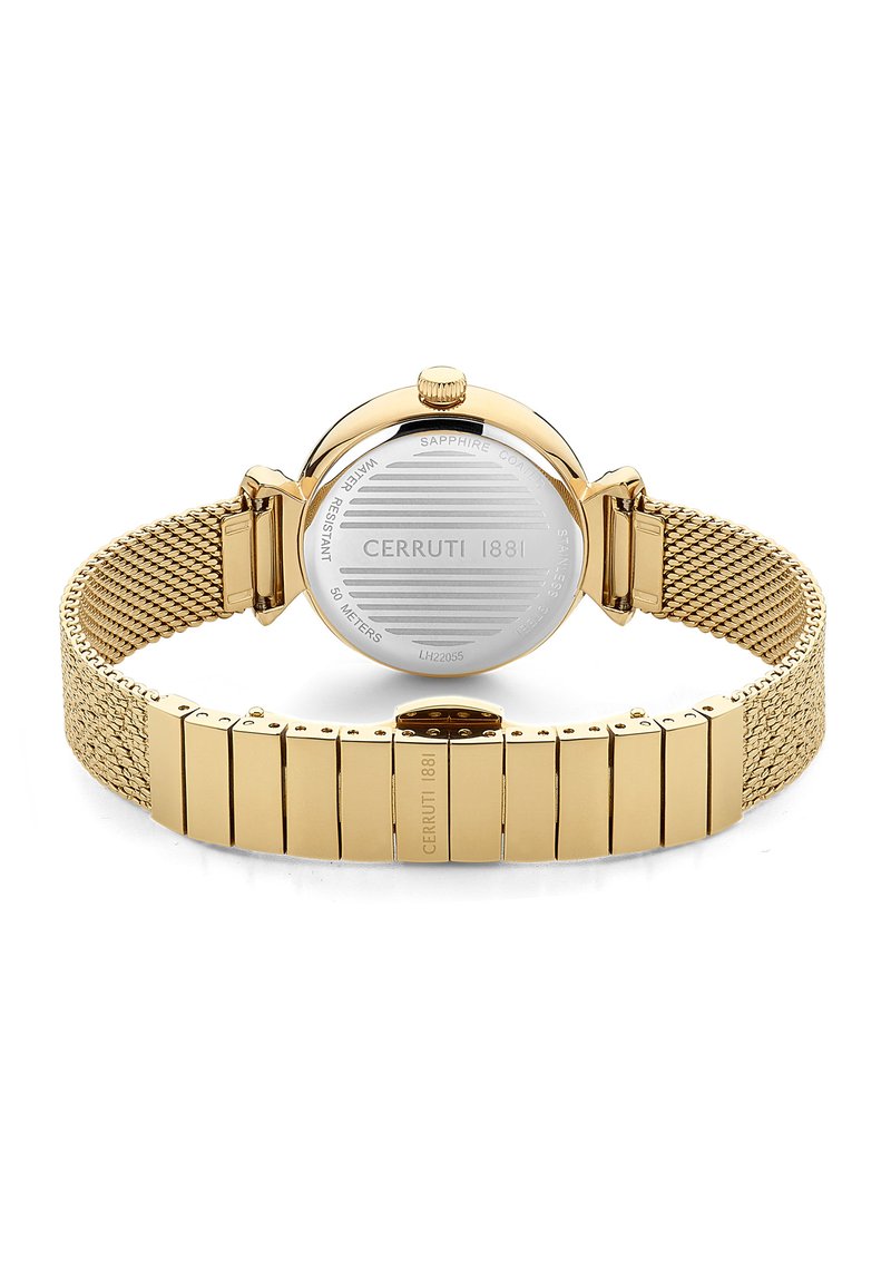 Orologio in metallo dorato con bracciale a rete e maglie rettangolari. Cassa rotonda con fondo in cristallo di zaffiro e dettagli del marchio incisi.