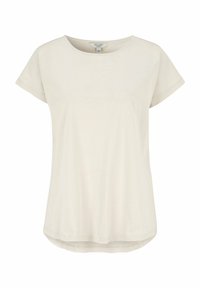 Lys beige kortærmet T-shirt med rund hals og en afslappet pasform, der har en lidt længere bagkante og en blød, glat tekstur.