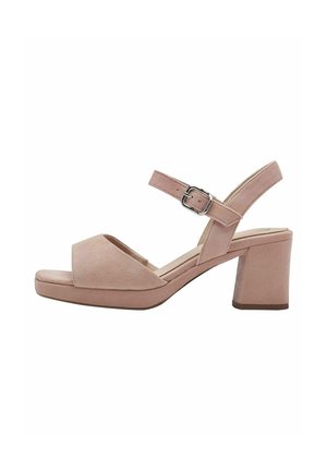 Sándal de ante rosa claro con una amplia correa frontal, correa en el tobillo con cierre de hebilla y un tacón cuadrado grueso. Textura suave y diseño minimalista.