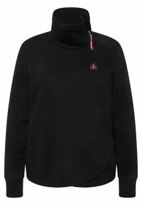 Zwarte fleecetop met een hoge kraag, zijknoop en roze logo detail. Heeft lange mouwen en een asymmetrische onderrand. Soepele textuur.