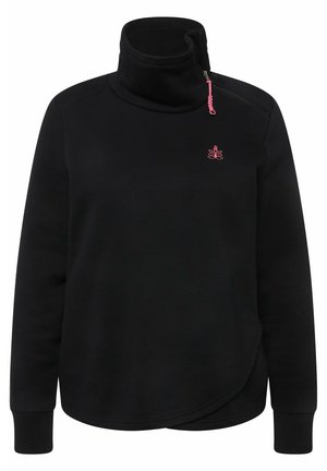 Zwarte fleecetop met een hoge kraag, zijknoop en roze logo detail. Heeft lange mouwen en een asymmetrische onderrand. Soepele textuur.