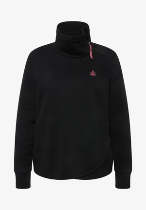 Pullover in pile nero con colletto alto, zip laterale e dettaglio logo rosa. Presenta maniche lunghe e un orlo asimmetrico. Tessuto liscio.