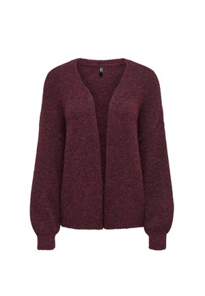 Cardigan tricoté rouge foncé avec ouverture devant, longues manches ballon et poignets côtelés, présenté sur fond blanc.