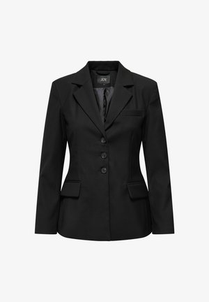 Mustast tailored naiste bleiseril on ees kolm nuppu, sälgulapelsid, kaks taskut kaasidega ja üks rinnatasku, esitletud valgel taustal.