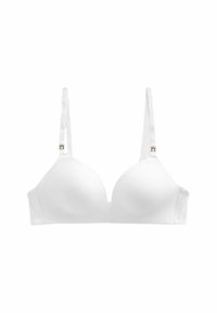 Witte beha met een gladde, matte afwerking, gevormde cups, verstelbare banden en gouden hardwareaccenten bij de bandverbinding.