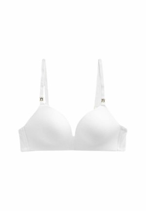 Reggiseno bianco con finitura liscia e opaca, coppe sagomate, spalline regolabili e dettagli in metallo dorato nei punti di connessione delle spalline.
