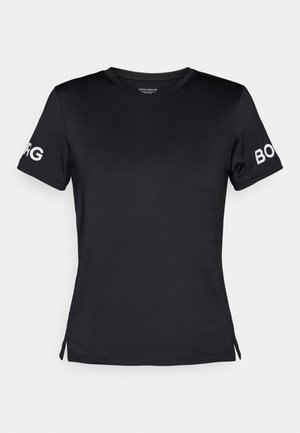 T-shirt preta de mangas curtas feita de um tecido liso. Apresenta um decote redondo e o logótipo "BORG" em branco na mangas direita.