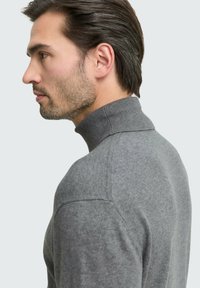 Grijze coltrui met ribbelkraag en manchetten, aansluitend ontwerp en een gladde textuur. Zijaanzicht dat de lengte van de kraag en de stikdetails benadrukt.