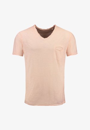 Helles Pfirsichfarbenes Kurzarm-V-Ausschnitt-T-Shirt aus weichem, strukturiertem Stoff. Mit einer einzelnen Brusttasche und rohem Randdesign.