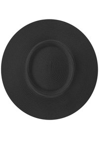 Schwarzer Hut mit breiter Krempe aus strukturiertem Material und runder Krone, mit einem glatten Innenband. Ideal zum Schutz vor der Sonne.