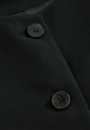 Čierna látka zblízka so dvoma okrúhlymi gombíkmi s vzorom a textúrovaným povrchom, s jemným leskom spodného materiálu.