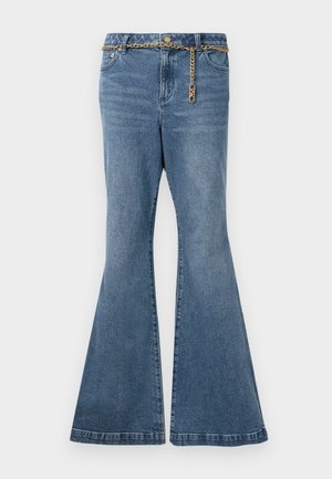 Farkut siniset leveälahkeiset keskipestyt denim, joissa on kultaketju yksityiskohtana vyötäröllä ja normaali viiden taskun muotoilu.
