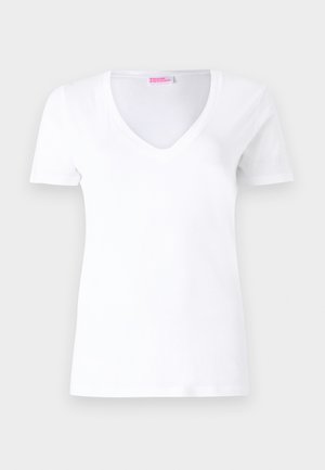 White cotton T-shirt featuring a V-neck, short sleeves, and a slim fit. Label at the neckline reads "FROM FUTURE" in pink.
