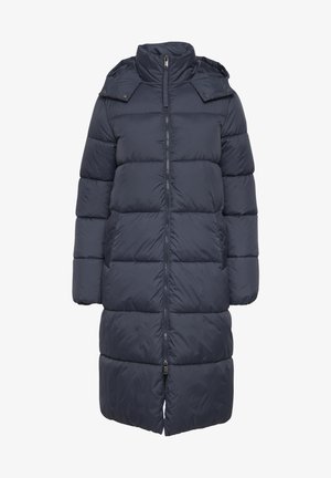 Mornaricno plavi kaput s paddingom, visokim ovratnikom i odvojivom kapuljačom; sadrži zatvaranje na patentni zatvarač i bočne džepove; mekana, glatka tekstura tkanine.