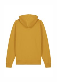 Gelbe Kapuzenjacke mit Kapuze, langen Ärmeln und gerippten Bündchen. Glatte Stoffoberfläche, keine Muster oder Akzente sichtbar, schlichte Rückansicht.
