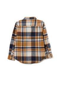Bruin, marineblauw en crème geruit overhemd met knoopsluiting, gemaakt van flanel, met een verspreide kraag, lange mouwen en knoopmanchetten.
