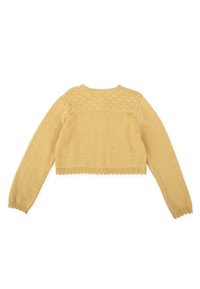 Suéter amarillo corto con mangas largas, patrón de punto texturizado en la parte posterior y dobladillo con forma de concha. Tejido suave y ligero.