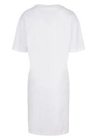 Weißes Baumwoll-T-Shirt-Kleid mit kurzen Ärmeln, lockerer Passform, rundem Ausschnitt und glatter Textur, ohne sichtbare Muster oder Akzente.