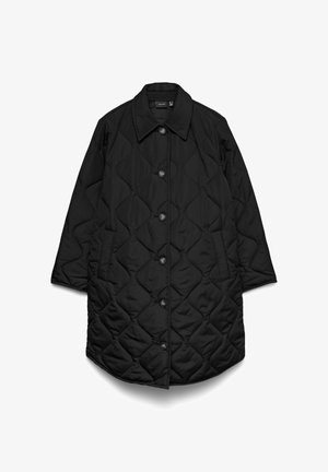 Black long quilted coat with collar, button closure, side pockets, and diamond-shaped stitching pattern.