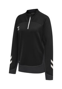 Black long-sleeve athletic pullover with a quarter zipper, white logo on chest, and white chevron stripes on lower sleeves.