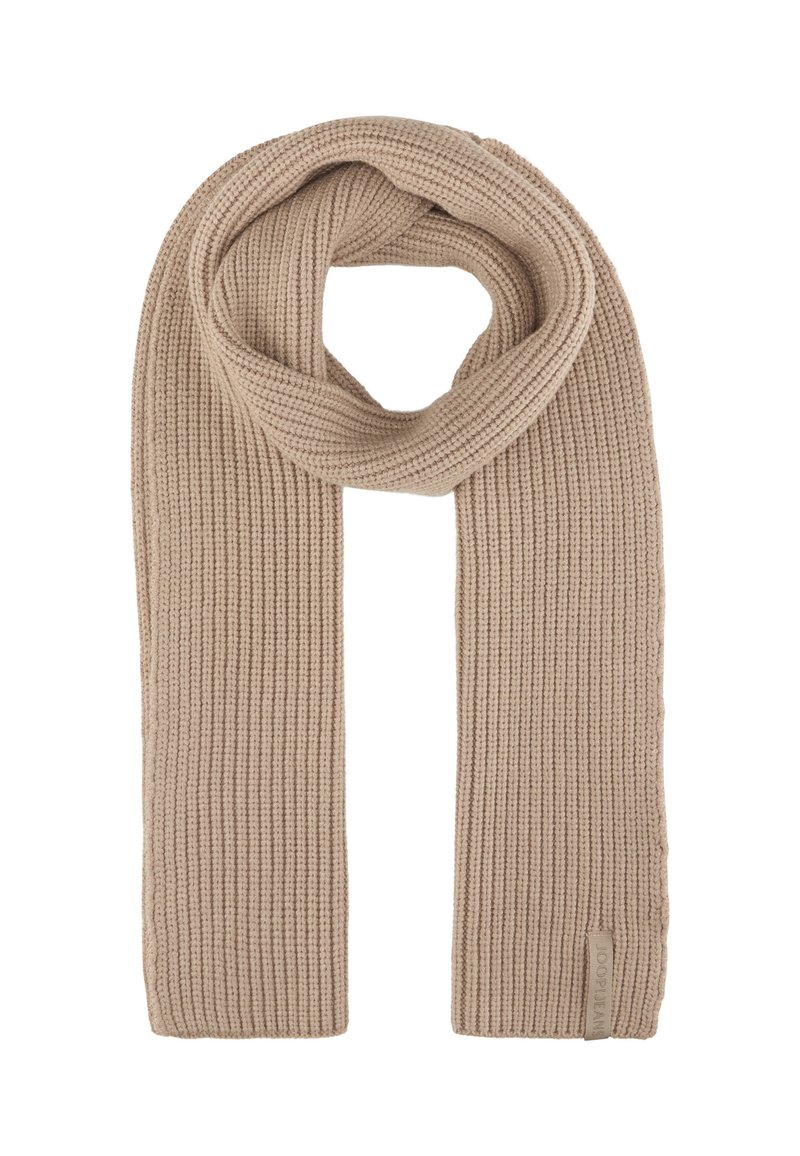 Écharpe en tricot côtelé beige avec une surface texturée, comportant une étiquette à une extrémité. Design long et rectangulaire, idéal pour les superpositions.