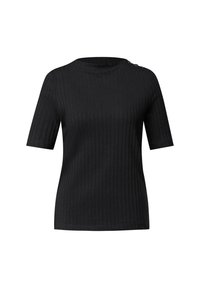 Sort ribbet tanktop med kortærmer og rund hals, med tre knapper på venstre skulder, præsenteret på en ensfarvet hvid baggrund.