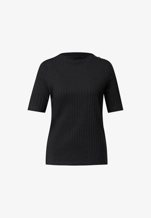 Czarny prążkowany top z krótkim rękawem i okrągłym dekoltem, z trzema guzikami na lewym ramieniu, prezentowany na jednolitym białym tle.