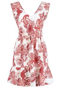 Röd blommig mönstrad klänning med djup V-ringning, volangärmar och samlad midja, med en utsvängd nederkant i lättviktsmaterial.