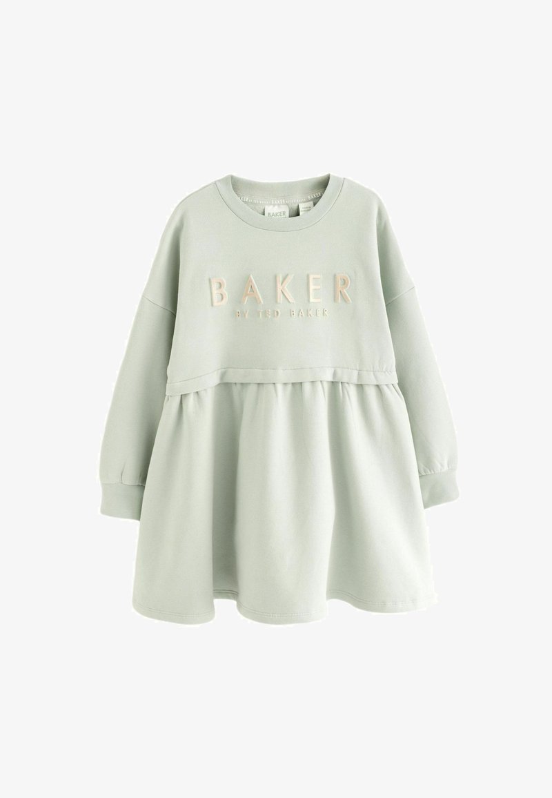 Robe sweat-shirt vert clair avec un haut ajusté, une jupe évasée et "BAKER" brodé en couleur crème sur la poitrine. Texture de tissu douce.