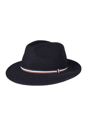 Cappello fedora in feltro nero con tesa larga e fascia decorativa marrone, bianca e blu navy alla base.