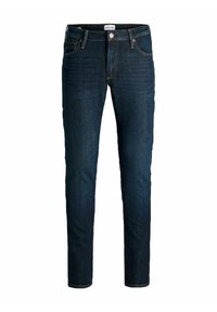 Jean slim bleu foncé avec poches avant, passants pour ceinture, bouton et fermeture éclair.