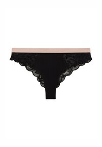 String noir en dentelle avec un bord festonné, doté d'une taille lisse rose. La dentelle présente des motifs floraux et une texture douce.