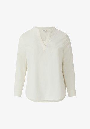 Langärmlige, cremefarbene Bluse mit V-Ausschnitt und subtiler Textur. Verfügt über einen lässigen Schnitt und einen abgerundeten Saum für zusätzlichen Komfort.