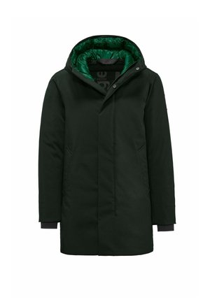 Parka giacca verde scuro con cappuccio, dotata di un rivestimento imbottito verde, chiusura frontale a pressione e tasche laterali. Tessuto morbido.