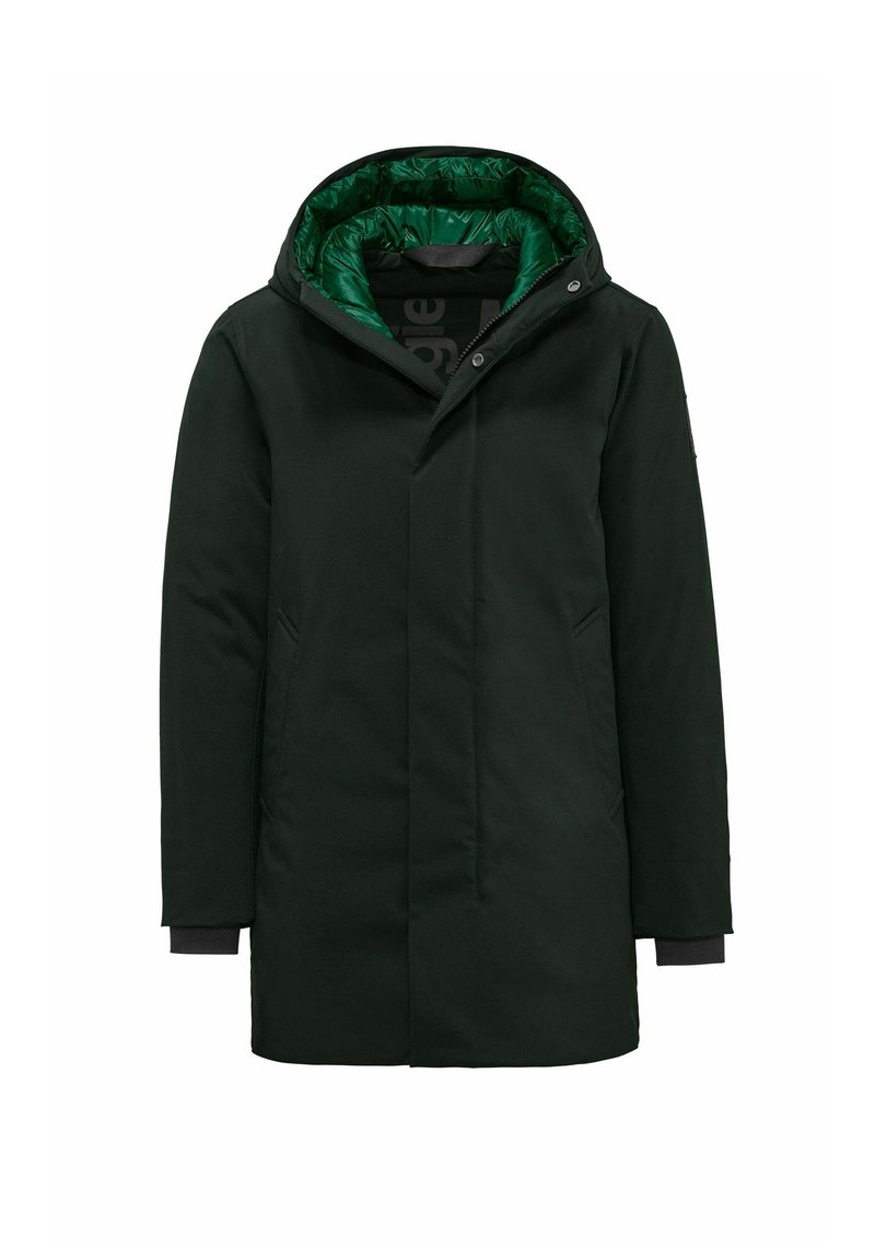 Parka giacca verde scuro con cappuccio, dotata di un rivestimento imbottito verde, chiusura frontale a pressione e tasche laterali. Tessuto morbido.