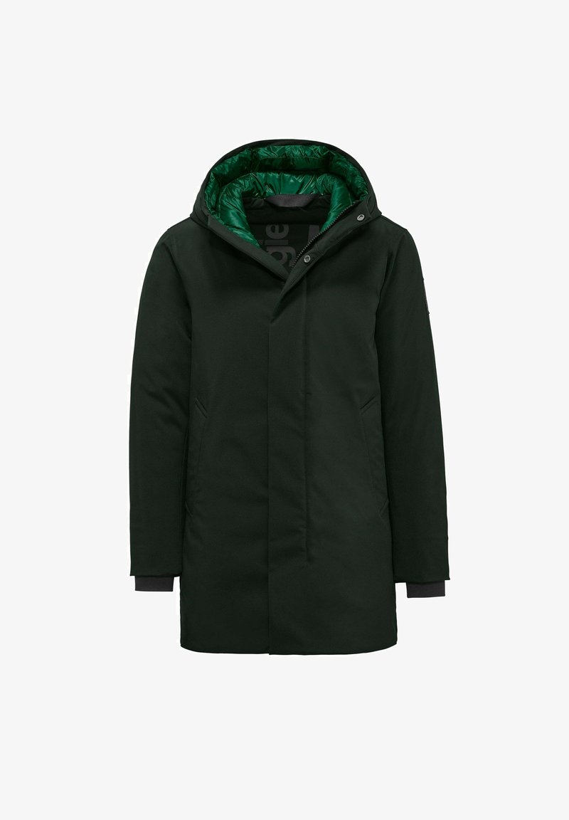 Donkergroene parka met een capuchon, voorzien van een gewatteerde groene voering, sluiting met drukknopen aan de voorkant en zijvakken. Gladde stoftextuur.