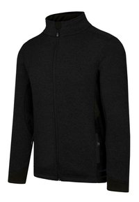 Schwarze Fleecejacke mit hohem Kragen, durchgehendem Reißverschluss, Seitentaschen und strukturierter Oberfläche mit kontrastierenden dunklen Akzenten.