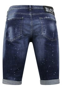 Donkere spijker shorts met een vervaagde wassing, uitgerust met duidelijke witte spetterpatronen, een vijf-pocket ontwerp en omgeslagen zoom.