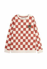Rot- und cremefarbener karierten Sweatshirt mit einer Palmenstickerei auf der Brust. Verfügt über einen Rundhalsausschnitt sowie gerippte Bündchen und Saum.