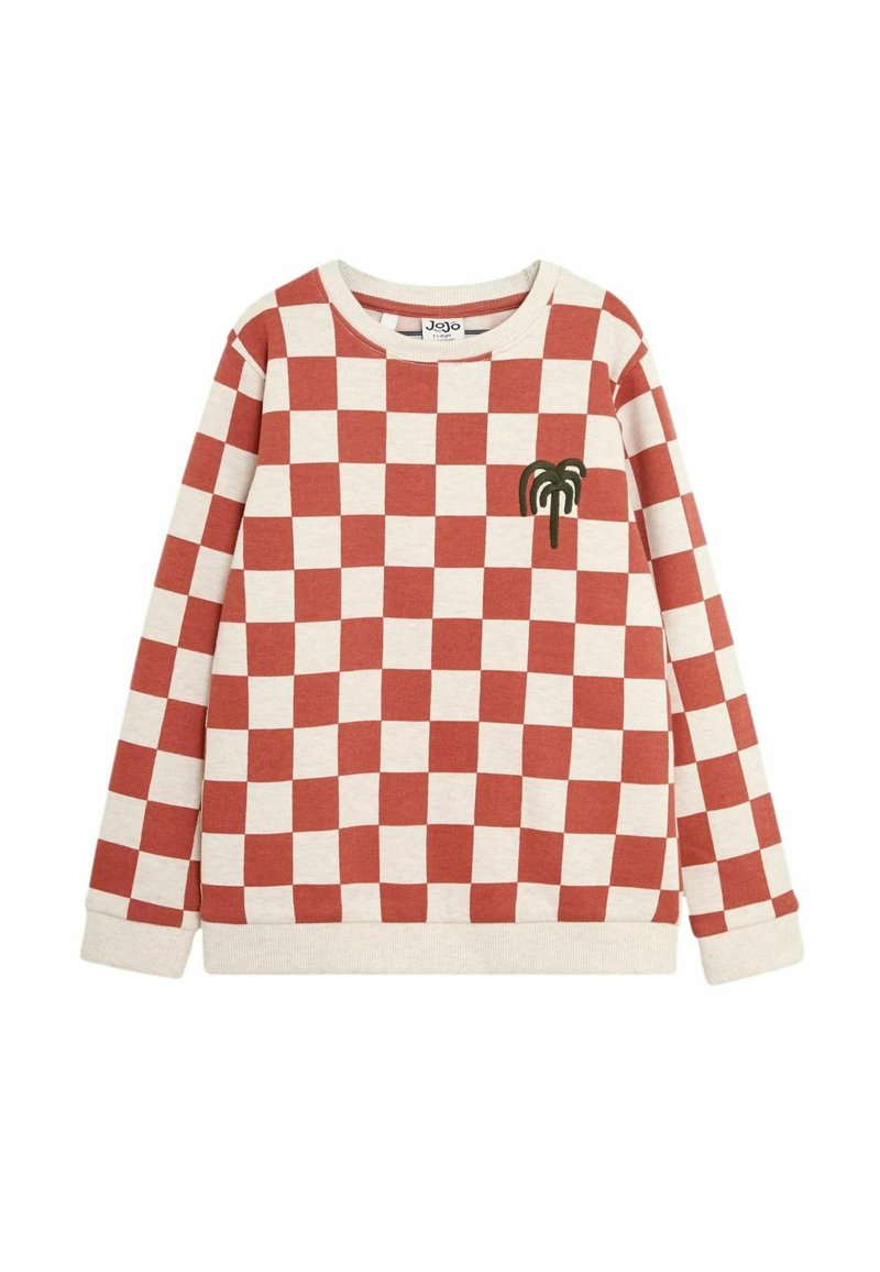 Rot- und cremefarbener karierten Sweatshirt mit einer Palmenstickerei auf der Brust. Verfügt über einen Rundhalsausschnitt sowie gerippte Bündchen und Saum.