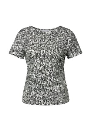 Czarna koszulka z krótkim rękawem z białym wzorem kwiatowym, wykonana z lekkiego materiału, z okrągłym dekoltem i luźnym krojem.