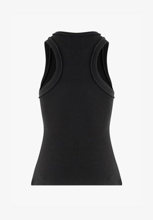 Zwarte geribbelde tanktop met een aansluitend ontwerp, voorzien van brede schouderbanden en een ronde halslijn, gemaakt van een rekbare stof.