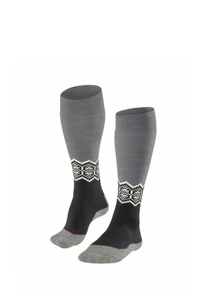 Graue und schwarze lange Socken mit gerippter Struktur, die oben einen gemusterten weißen und schwarzen Akzent sowie einen einfarbigen grauen Zeh haben.