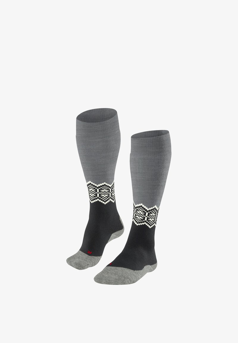 Calze lunghe grigie e nere con texture a coste, dotate di un accento bianco e nero decorato vicino alla parte superiore e una punta grigia unita.