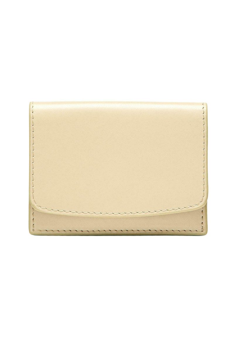 Beige leather wallet with a smooth texture, fold-over flap, and contrasting stitching. Compact rectangular shape with rounded edges.