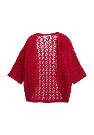 Cardigan en tricot ouvert rouge avec des manches trois-quarts, présentant un design aérien et léger ainsi que des poignets côtelés. Matériau texturé et léger.